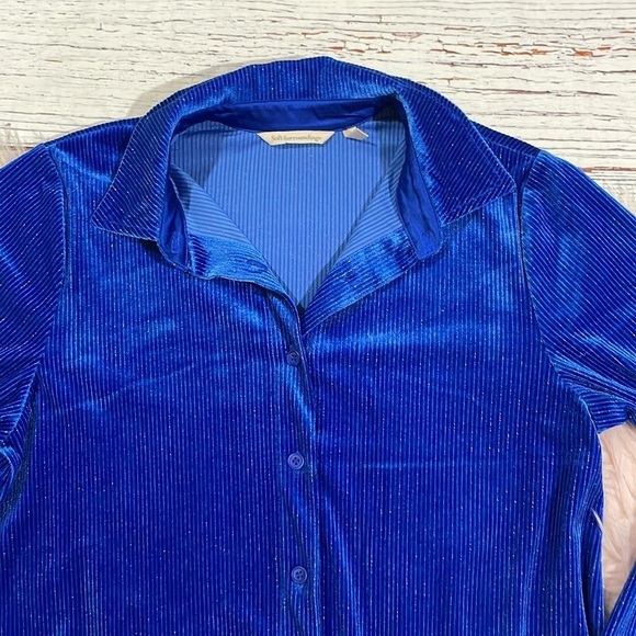 Soft Surroundings Blue Silver Textured Velvet Boyfriend Shirt Button Down - Picture 4 of 9